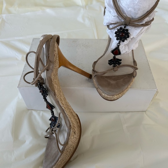 Christian Dior Taupe Espadrille Platform Sandals with brocade Accents, size 8 - Picture 3 of 8